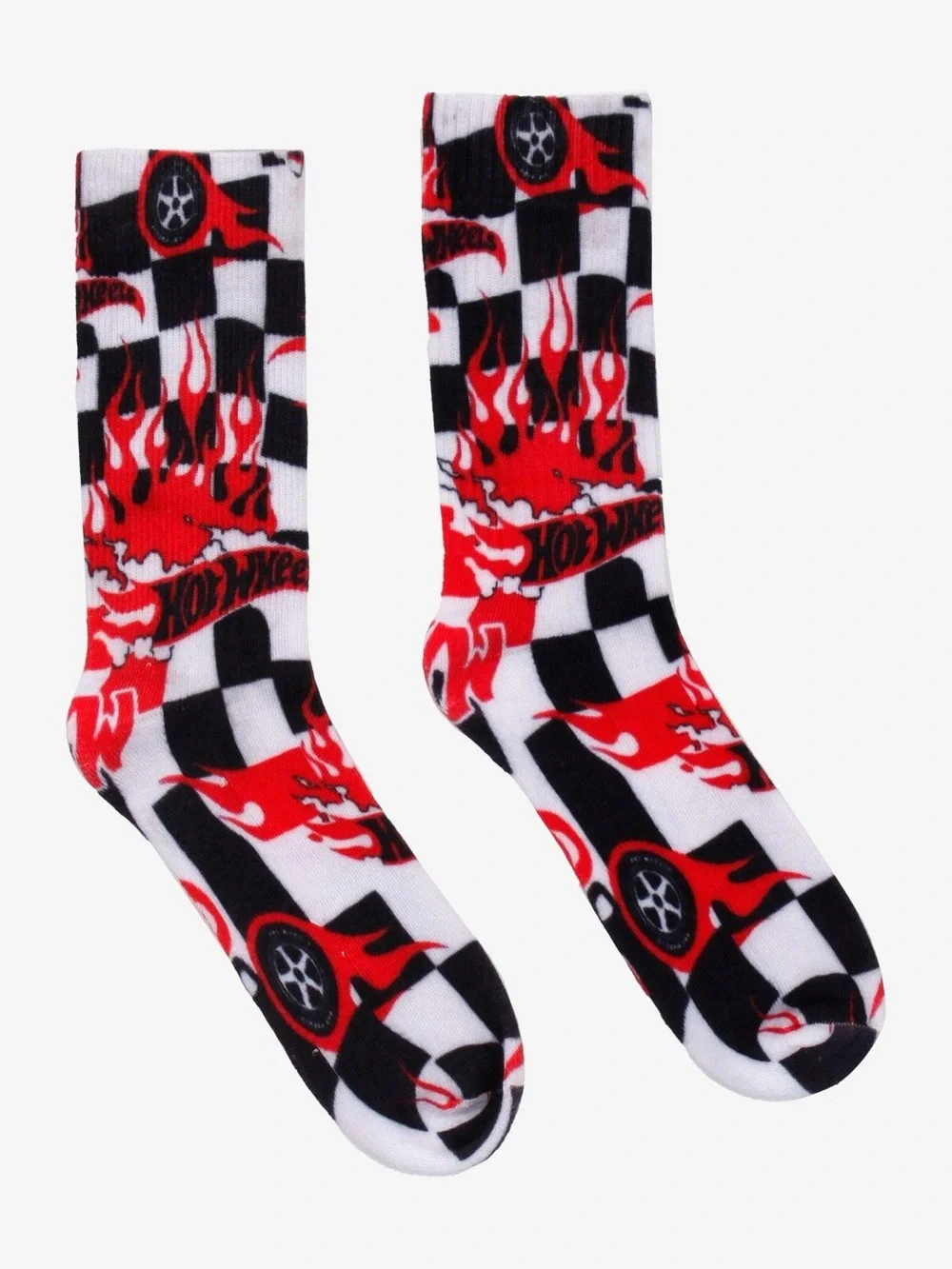 Hot Topic Hot Wheels Red, Black & White Checkered Flame Crew Socks